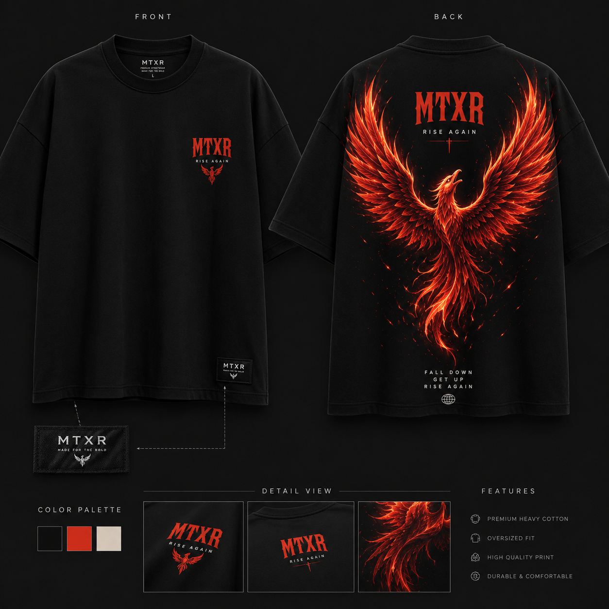 MTXR Phoenix – Rise Again
Güc, yenidən doğuluş və özünəinamı təmsil edən Phoenix dizaynlı premium oversize köynək.
